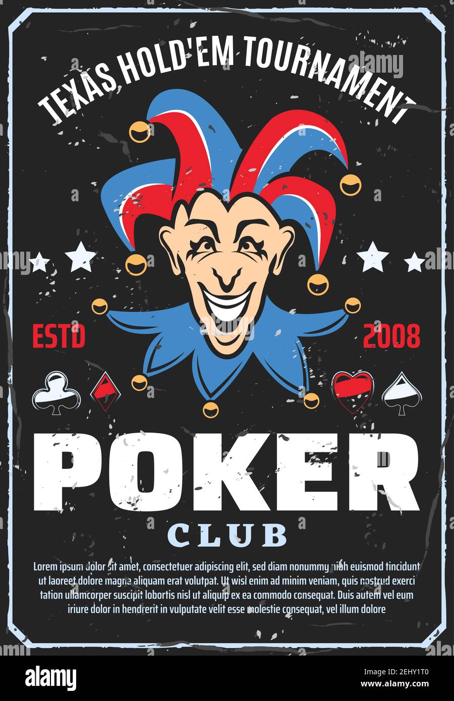 Affiche de jeu et de club de poker. Scénario rétro vectoriel de Joker avec des cartes à jouer des combinaisons de pique, de coeur ou de diamants et de clubs ou d'étoiles. Casino po Illustration de Vecteur