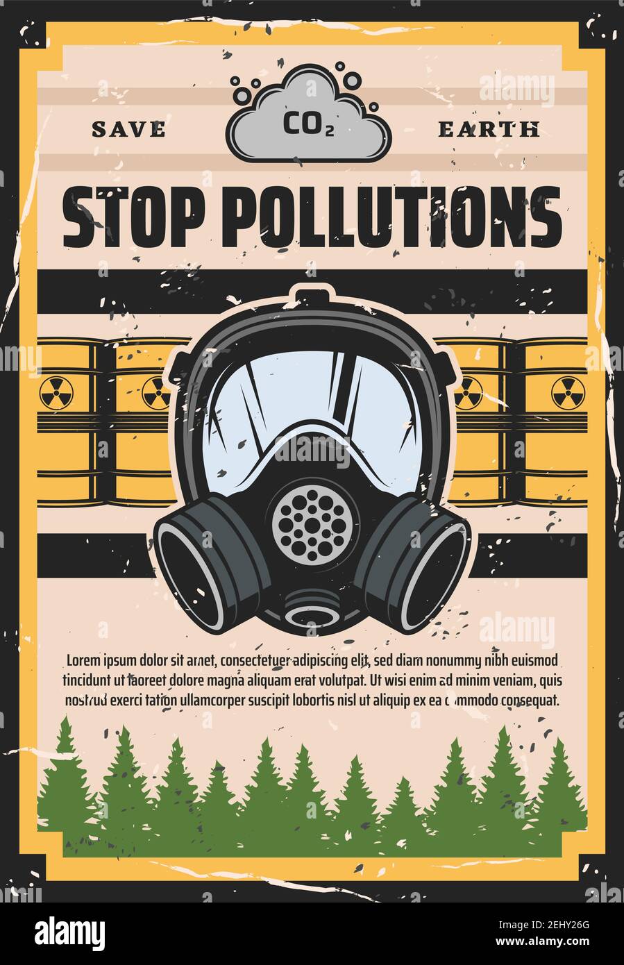 Écologie, arrêter la pollution, problème environnemental. Contamination vectorielle, litière et déchets, barils et masque de substances toxiques, protection. Dama écosystémique Illustration de Vecteur