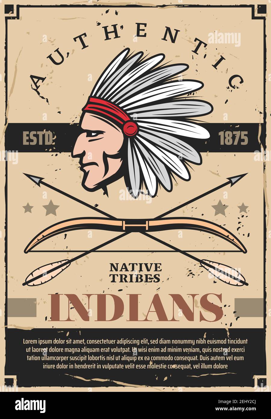 Chef de tribu des Indiens autochtones avec adresse en plumes, flèches et arc. Le guerrier américain indigène archer Head affiche vintage, les indiens l'histoire vecteur eux Illustration de Vecteur