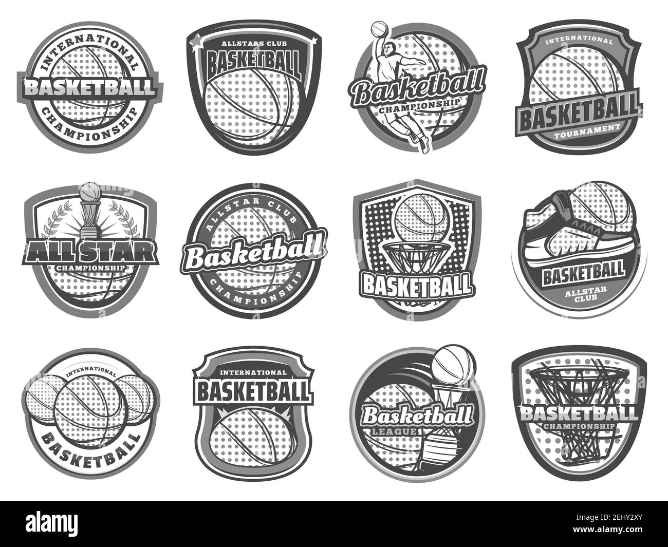 Icônes demi-ton de l'équipe de basket-ball. Ballon vectoriel, panier et fond de panier, joueur, coupe et terrain de champion, baskets et couronne gagnante. Illustration de Vecteur