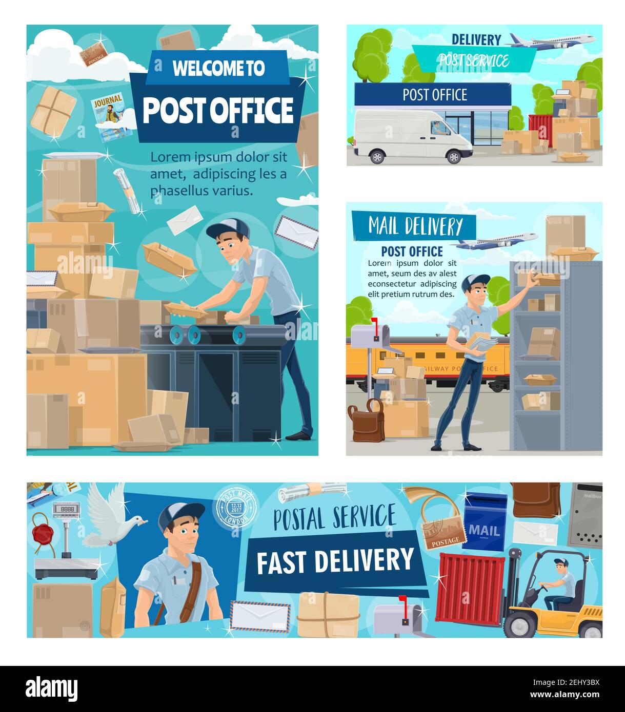 Service de courrier ou profession de postier, logistique de correspondance et de colis par la poste. Courrier aérien à livraison express Vector, Illustration de Vecteur