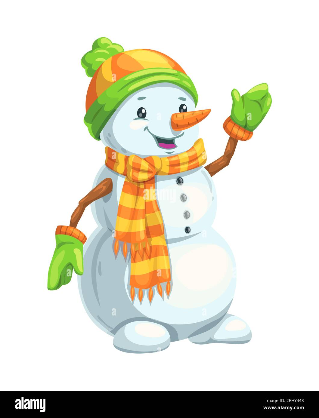 Bonhomme de neige de Noël avec foulard, chapeau et moufles, nez de carotte  et bras en bois. Personnage de dessin animé des fêtes d'hiver pour Noël et  carte de vœux du nouvel