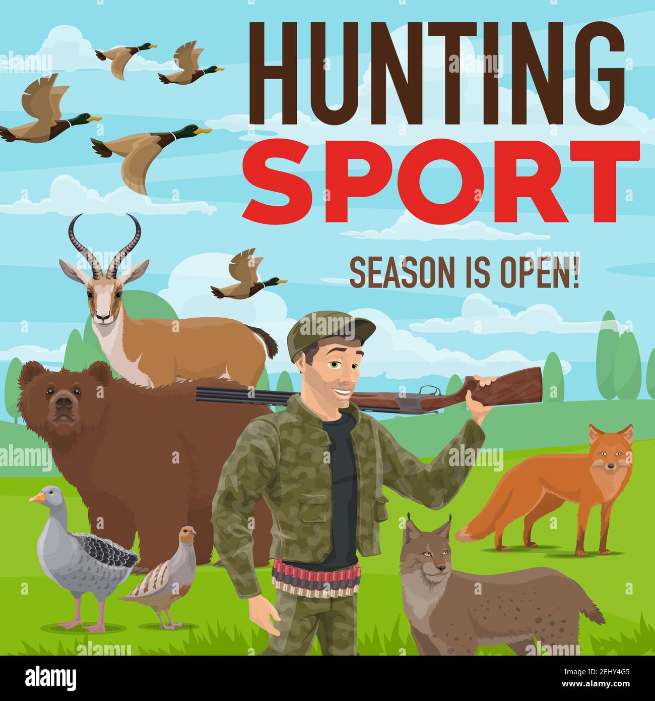 Chasseur avec arme à feu ou fusil, affiche de sport de chasse. Huntsman dans les munitions et les proies, saison de chasse. Ours et antilope, oie et tétras avec canards troupeau, FO Illustration de Vecteur