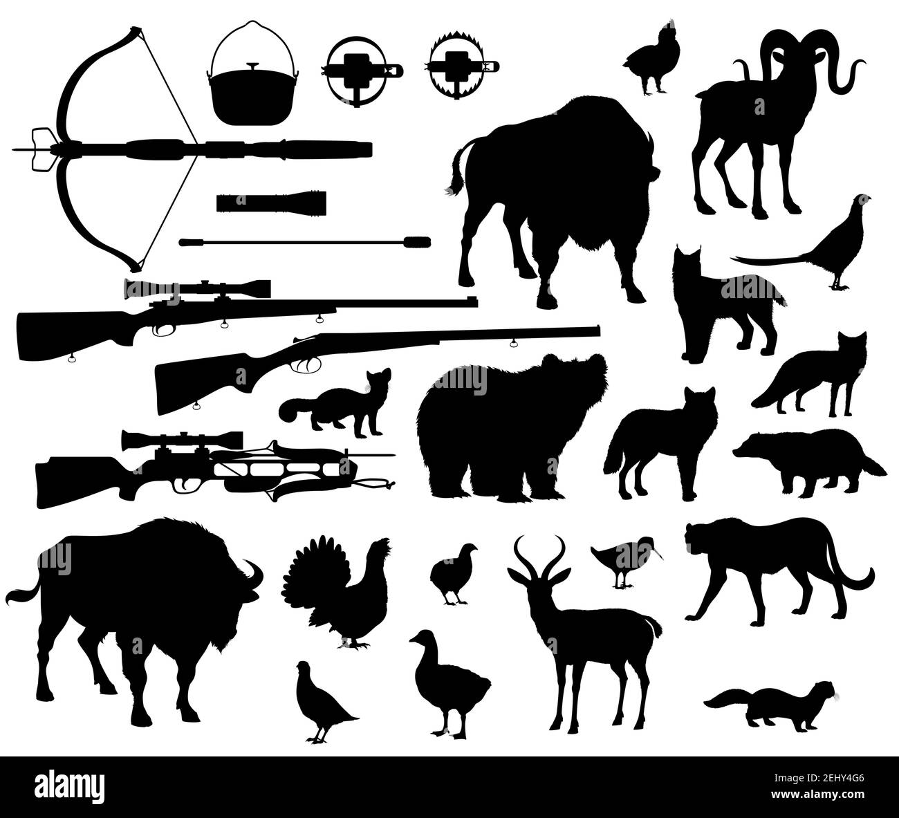 Silhouettes d'animaux et d'oiseaux, icônes d'équipement de chasse. Crossbow et pistolet ou fusil, briquet et chou-fleur avec piège. Ours vectoriel et buffle, chèvre Illustration de Vecteur