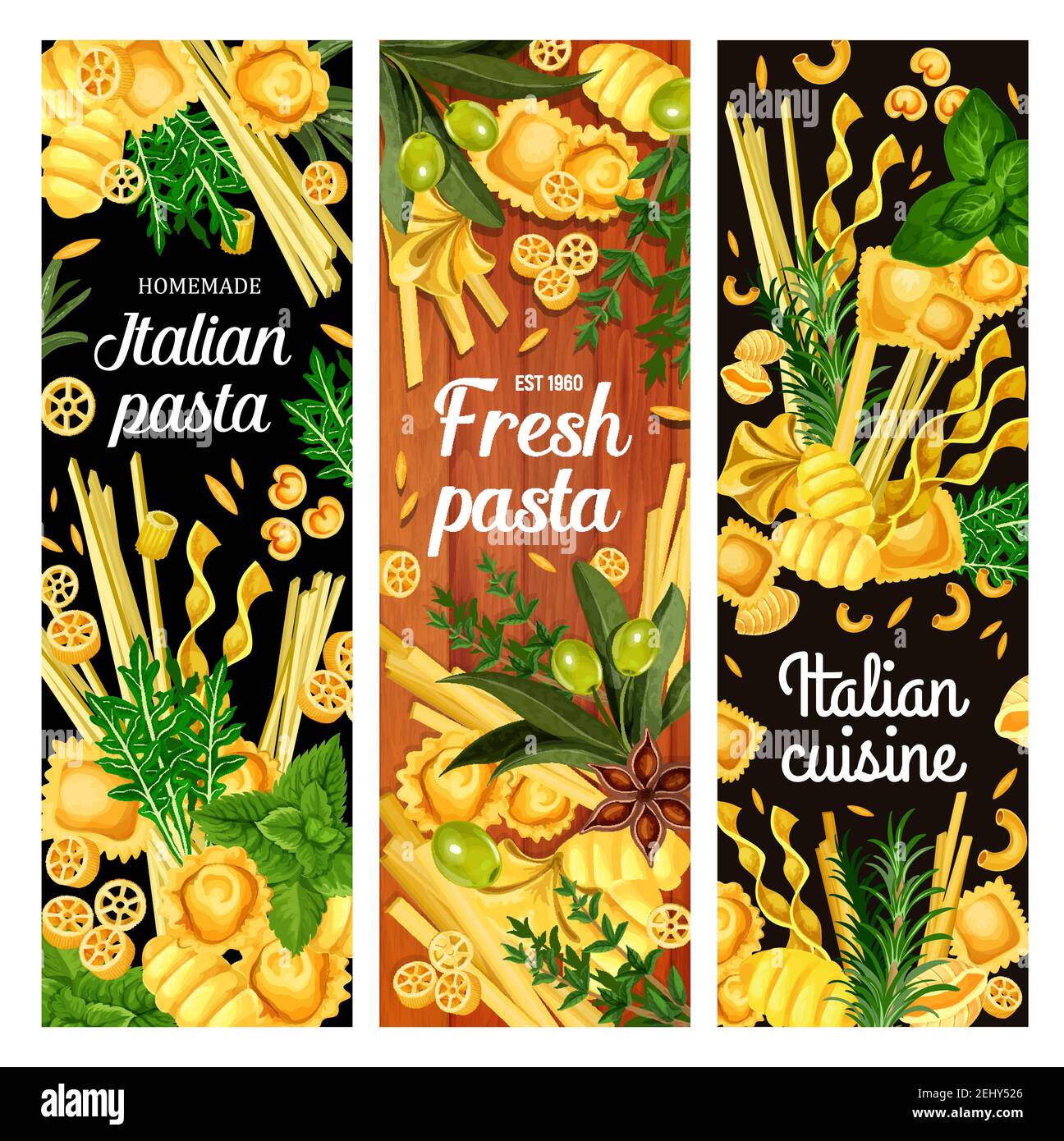 Pâtes aux herbes et aux olives, menu vectoriel de cuisine italienne. Spaghetti, macaroni et fettuccini, raviolis, lasagnes et conchiglie, nouilles, tortellin Illustration de Vecteur