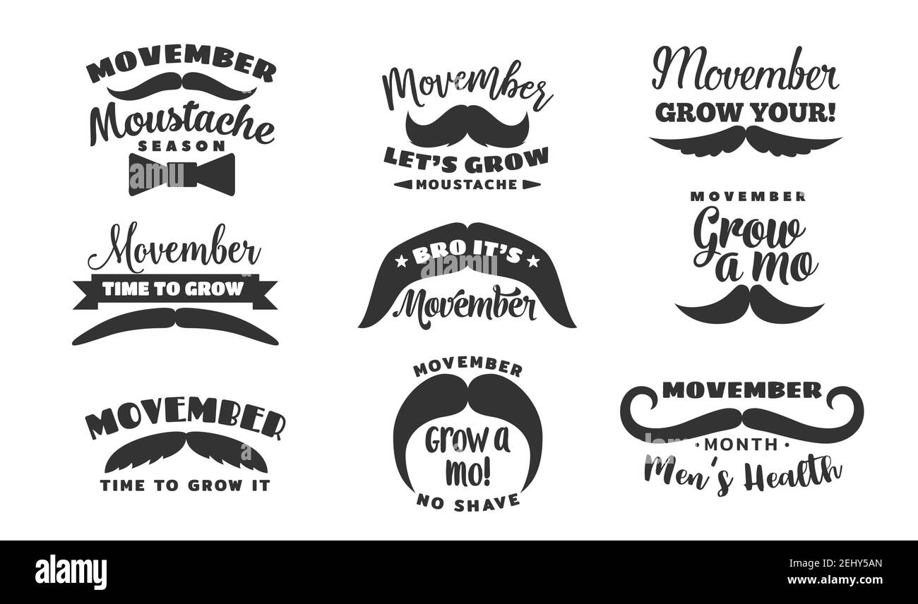 Les symboles monochromes de la saison de la moustache Movember sont en caractères. Vecteur mâle symboles millésime mois de sensibilisation au cancer de la prostate Illustration de Vecteur