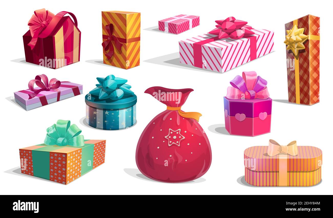 Boîtes cadeau ensemble de ronde, rectangulaire ou maison design et sac  Santas. Cadeaux vectoriels de Noël et d'anniversaire, d'anniversaire et de  vacances. Conteneurs par Image Vectorielle Stock - Alamy