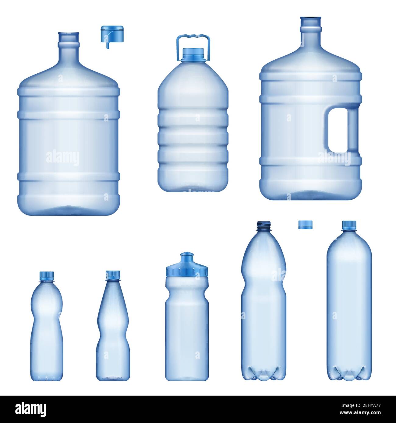 Bouteilles d'eau en plastique, ensemble de maquettes 3D réalistes. Contenants de liquides transparents, de boisson sportive, de jus ou d'eau minérale isolés Vector bott Illustration de Vecteur