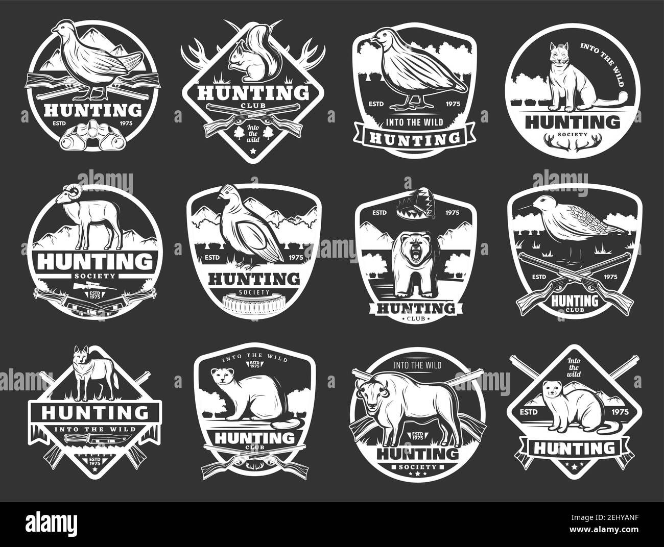 Badges du club Hunter et icônes de la société de chasse en pleine saison. Fusil de chasse vectoriel et pièges pour ours sauvage, coq et perdrix, oiseaux sauvages, africains Illustration de Vecteur