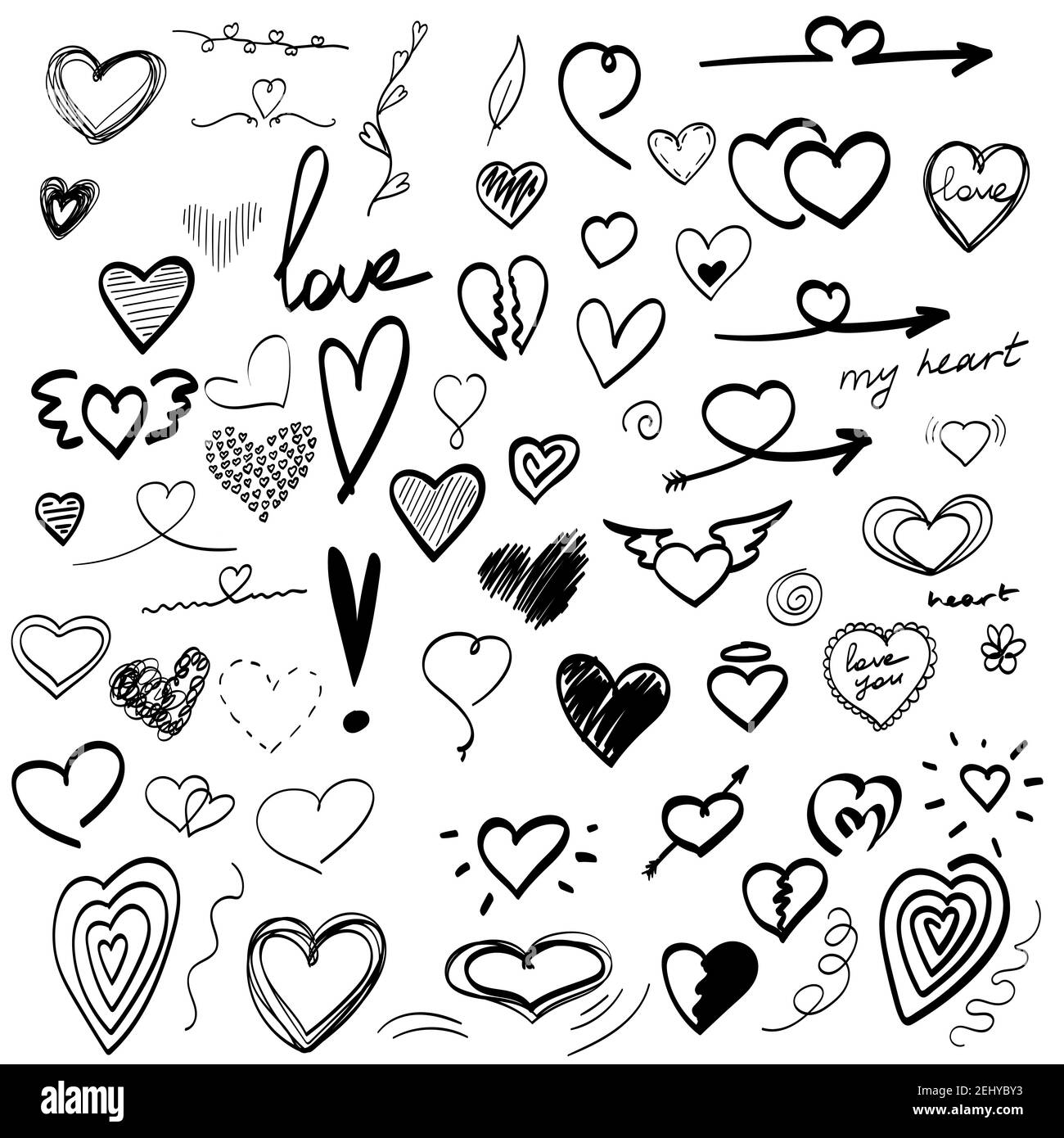 grand jeu de dessins de coeur dessinés à la main, valentin. illustration de vecteur doodle. ensemble de valentin amour Illustration de Vecteur