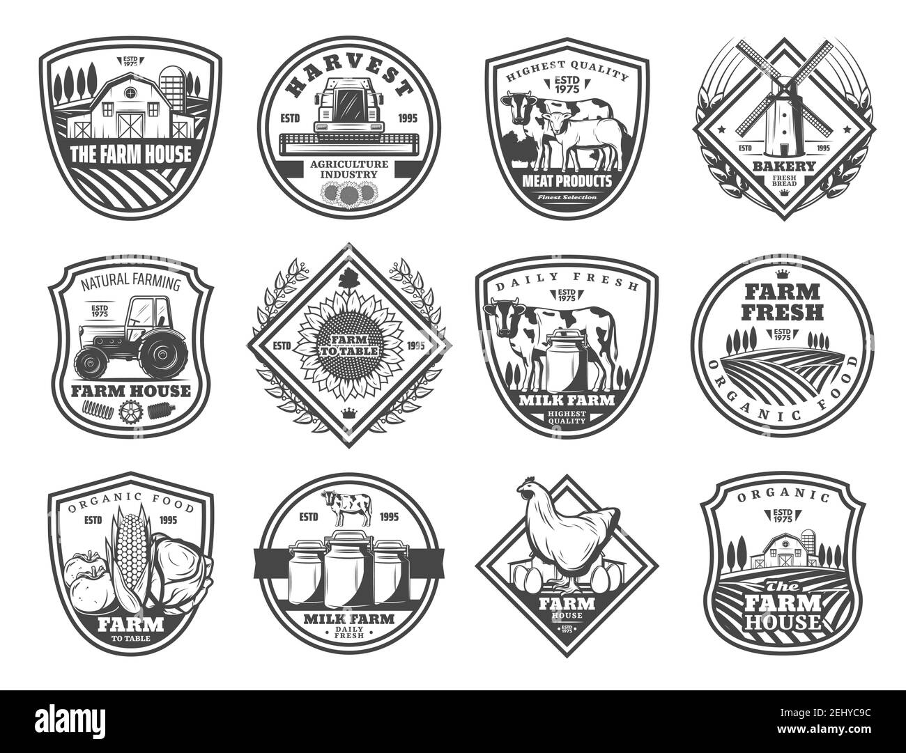 Icônes monochromes de l'industrie agricole et agricole. Maison de ferme Vector, moissonneuse-batteuse, moulin à viande et à vent, tracteur et tournesol. Lait et hea laitiers Illustration de Vecteur