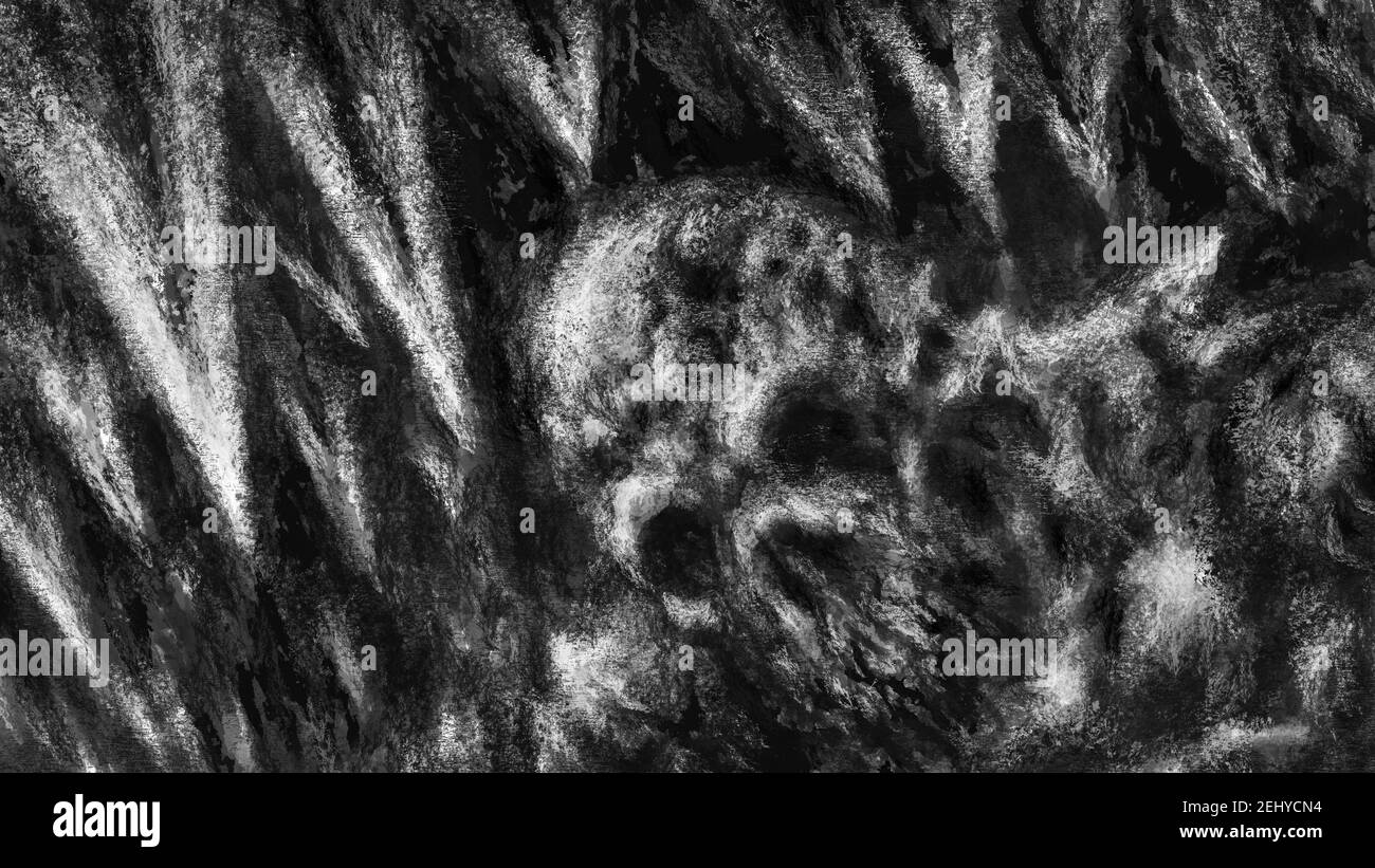 La momie fanée d'un extraterrestre s'assoit dans l'obscurité. Glaces dans la grotte et le squelette. Illustration dans un genre d'horreur avec charbon et effet de bruit. Arrière-plan effrayant du rem Banque D'Images