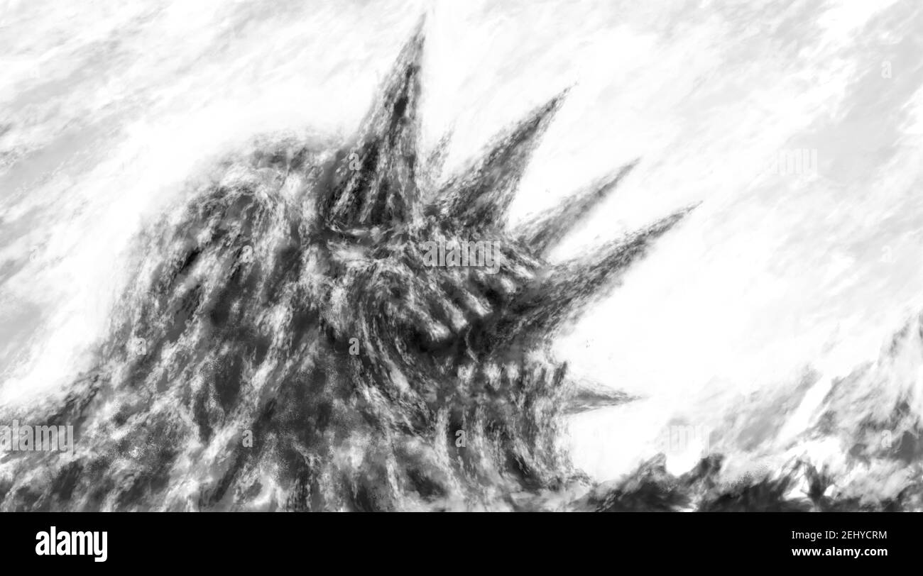 Tête de crâne de zombie avec des épines saillantes. Illustration dans un genre d'horreur avec charbon et effet de bruit. Dessin fantaisie pour Halloween. Noir et blanc b Banque D'Images