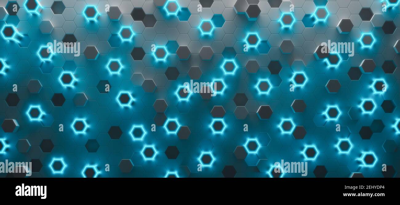 Des hexagones gris avec des lumières bleues, un arrière-plan moderne futuriste 3d rendent l'illustration 3d Banque D'Images