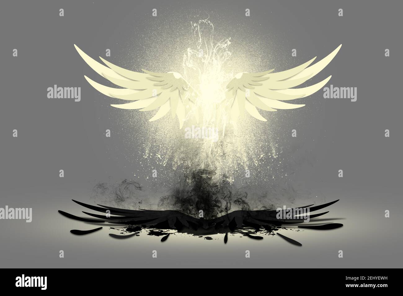 Ailes d'angle blanches qui brillent dans l'air au-dessus du démon noir vaincu ailes Banque D'Images