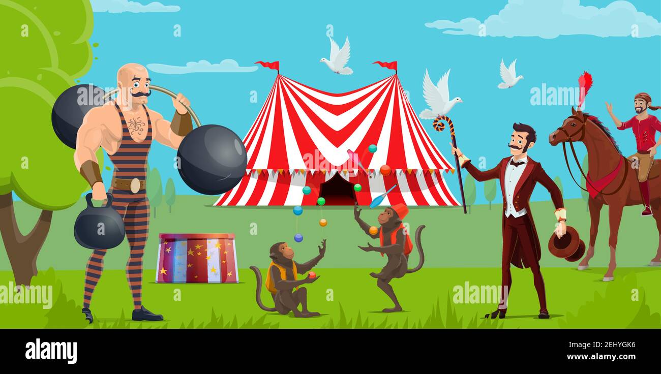 Spectacle de cirque, tente et foire, artistes et animaux entraînés. Vecteur homme fort avec poids et haltères, singes jongleurs et équestres sur le cheval. Ma Illustration de Vecteur