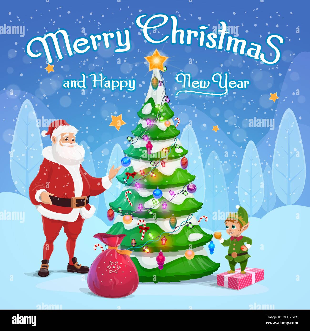 Joyeux Noël et bonne année, Santa avec sac de cadeaux décorant arbre de Noël. Fête des fêtes d'hiver, elfe avec lumières de Noël et ornements dwa Illustration de Vecteur