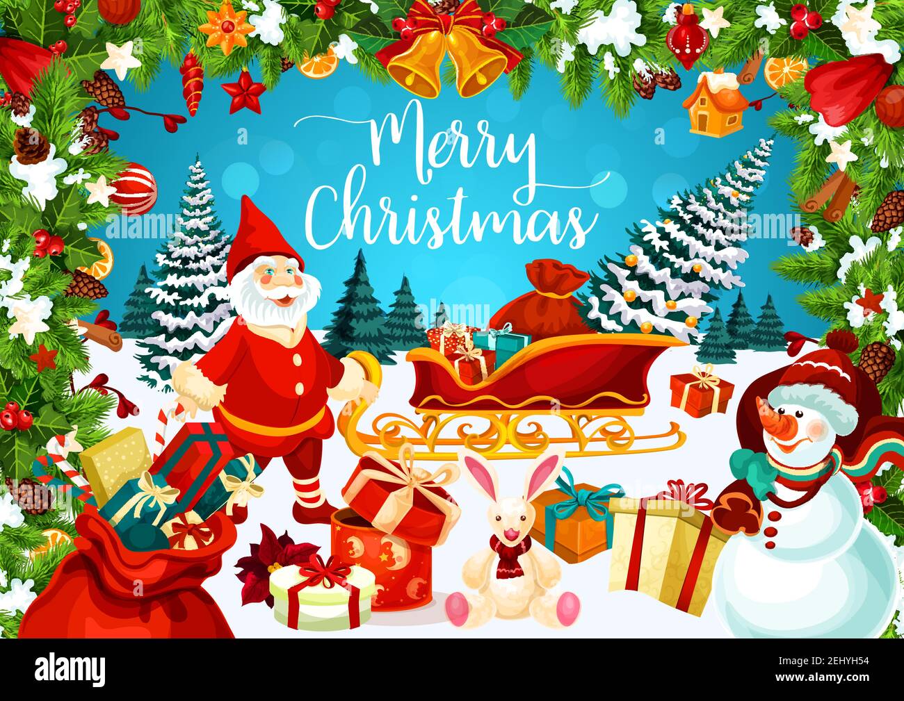 Carte de vœux de Noël avec bonhomme de neige et nain. Calèche avec cadeaux et boîtes-cadeaux sur neige, arbre de Noël décoré et jouet lapin. Branches de sapin avec co Illustration de Vecteur