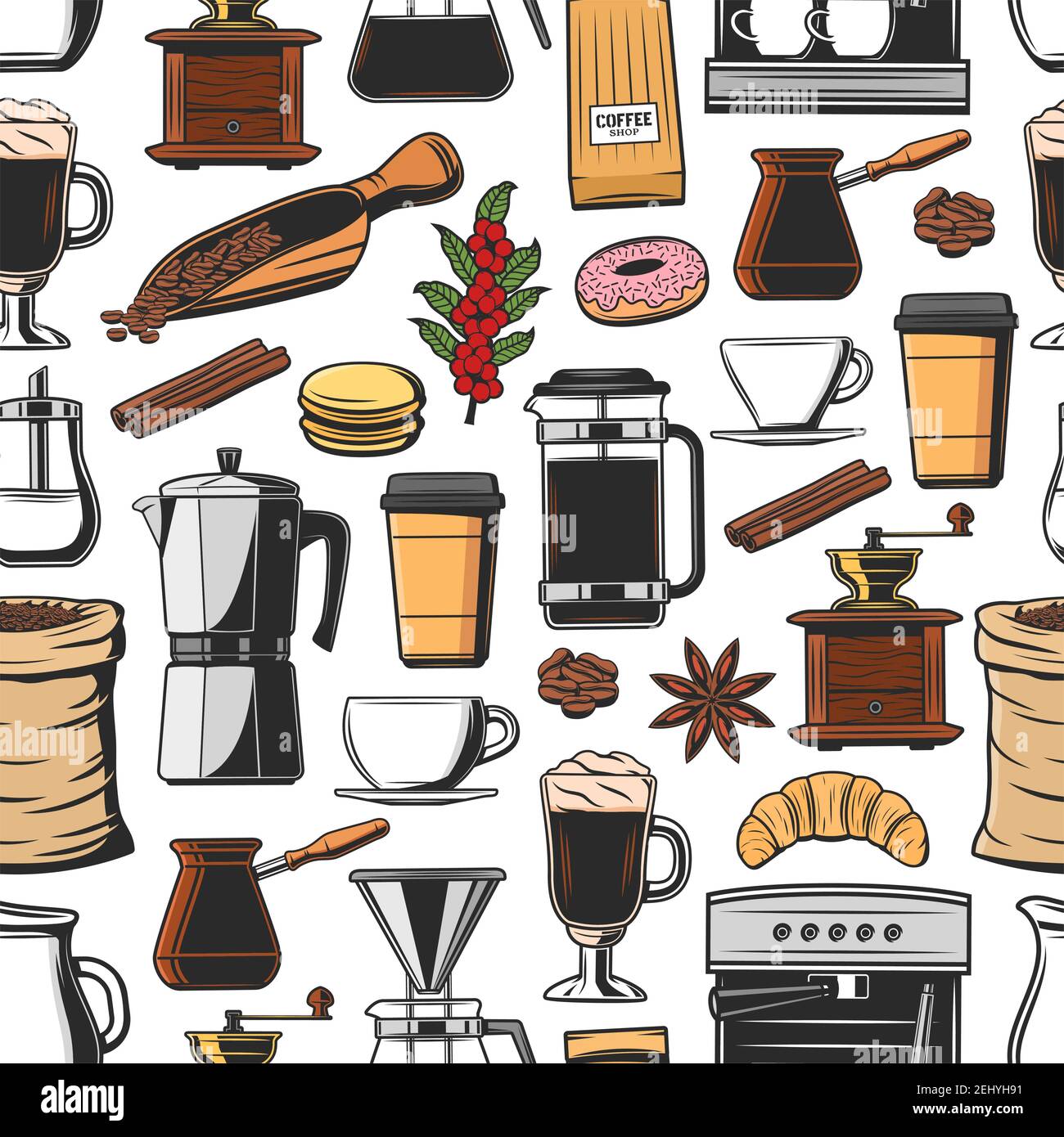 Fond de café sans couture avec tasses vectorielles de boisson chaude. Machine à espresso, moulin à café, tasses à latte et cappuccino, cafetière, fritté Illustration de Vecteur