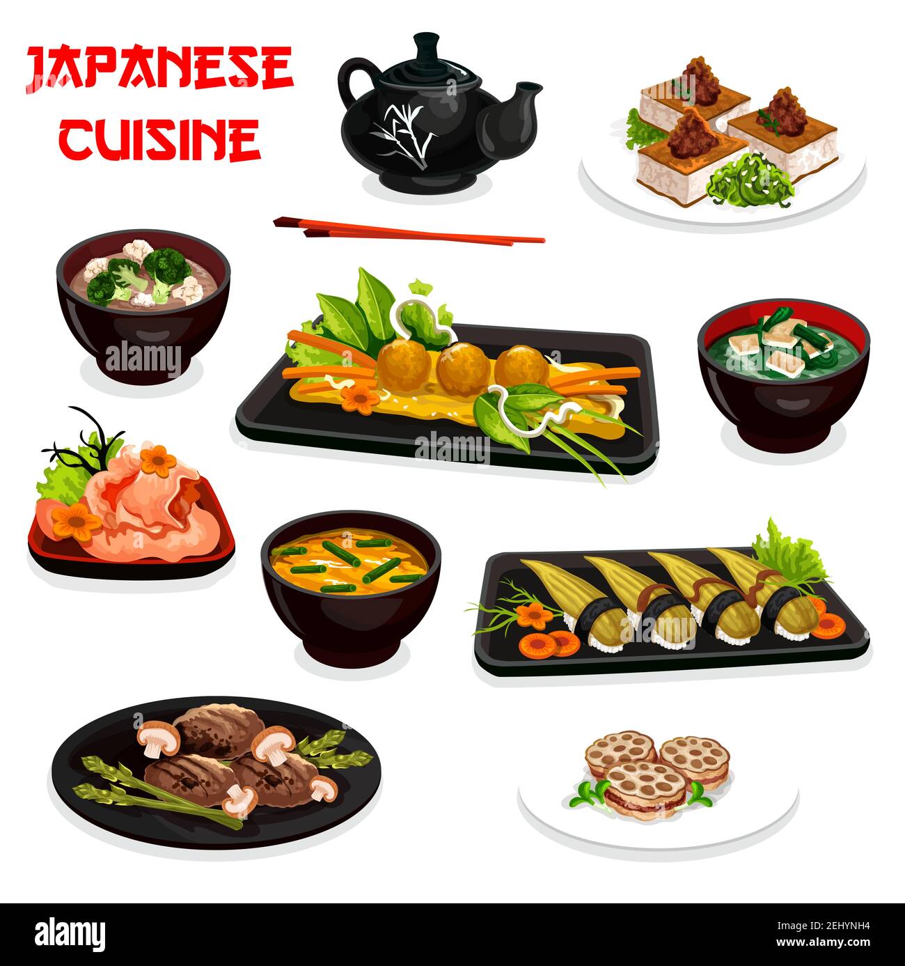 Cuisine japonaise à motifs vectoriels et plats asiatiques traditionnels. Tofu frit, sushi nigiri et soupes miso avec œufs, algues, brocoli et gingembre, Illustration de Vecteur
