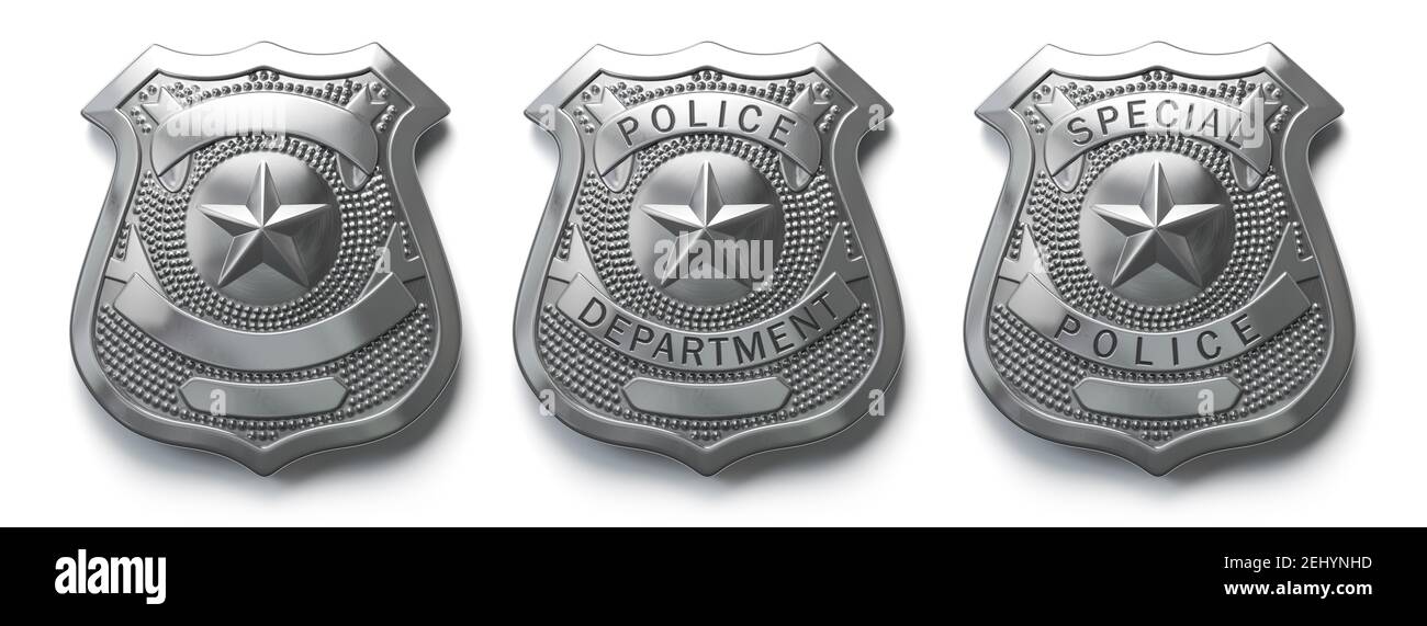 Badge métallique de police isolé sur le panneau blanc et symbole de police. illustration 3d Banque D'Images
