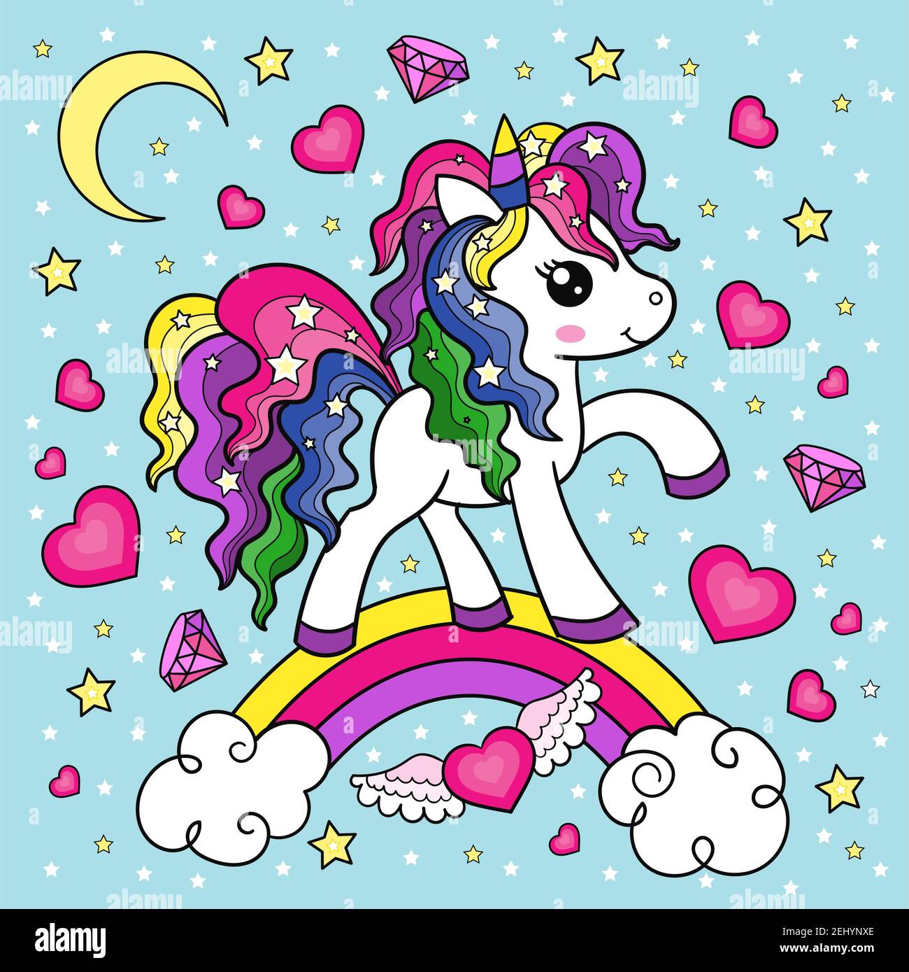 Mignon dessin animé unicorn sur un arc-en-ciel avec coeurs.illustration fanatique des enfants. Vecteur Illustration de Vecteur