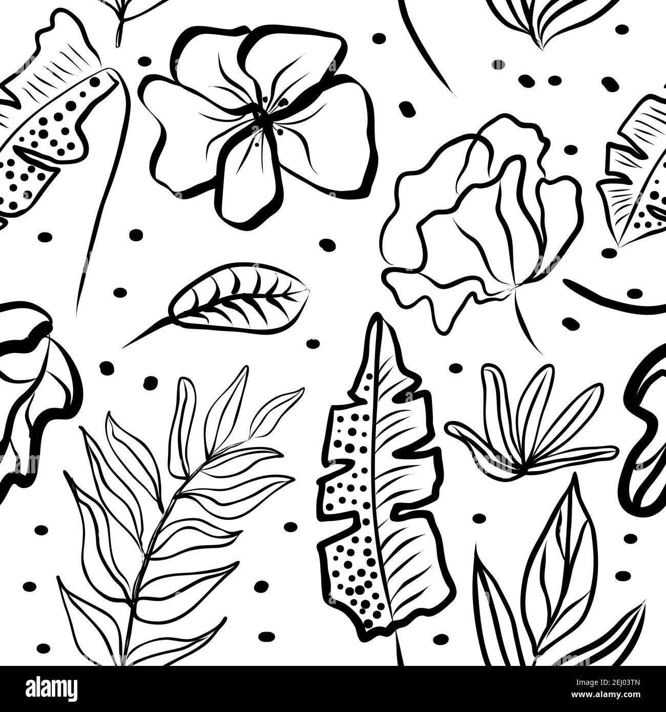Motif sans couture de main noire et blanche dessinent des feuilles tropicales de palmier et de fleurs. Fond vectoriel de lumière botanique, papier peint jungle. Illustration de Vecteur
