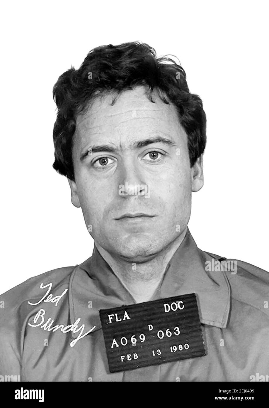 Ted Bundy. Portrait du tueur en série américain, Theodore Robert Bundy (n. Cowell, 1946-1989), Florida Department of corrections mug shot, février 1980 Banque D'Images