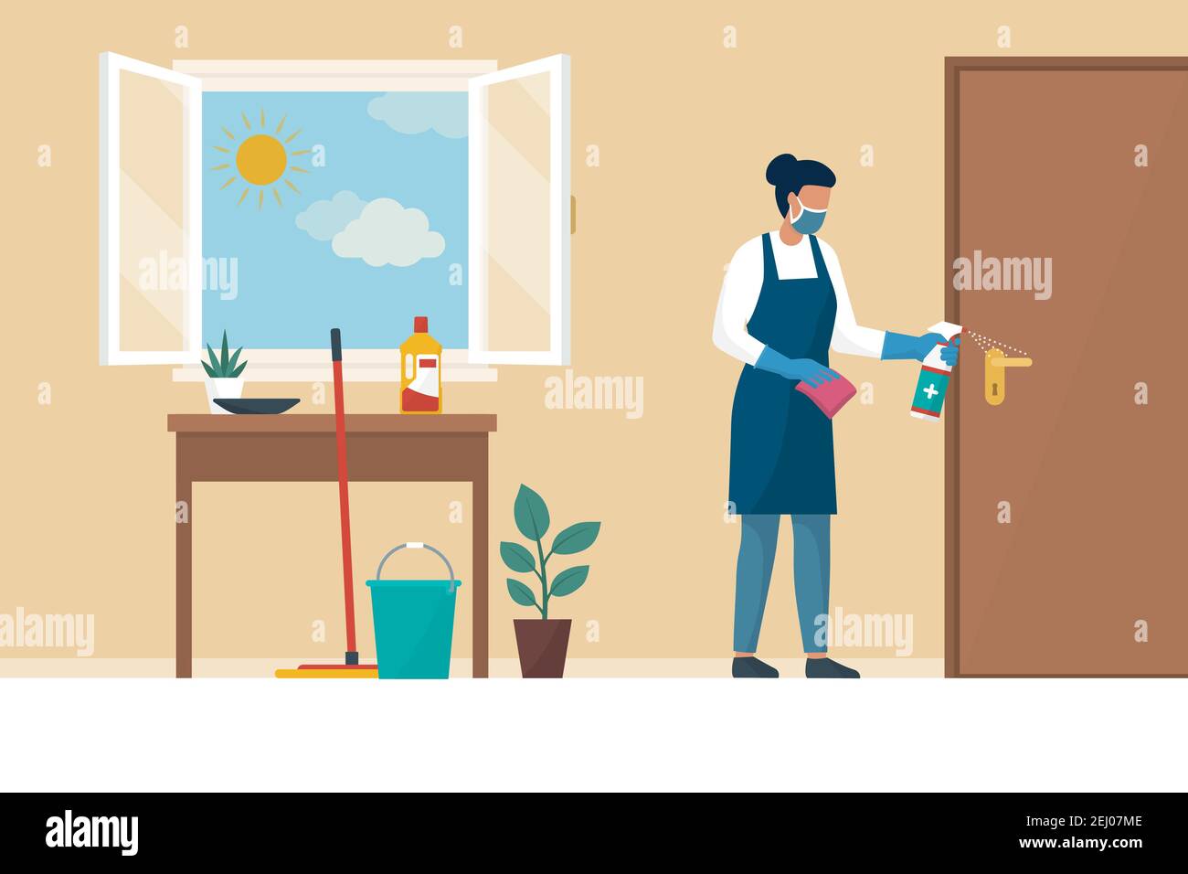 Femme désinfectant les surfaces dans sa maison, elle porte des gants et un masque : gardez votre maison propre et en sécurité pendant la pandémie du coronavirus Illustration de Vecteur