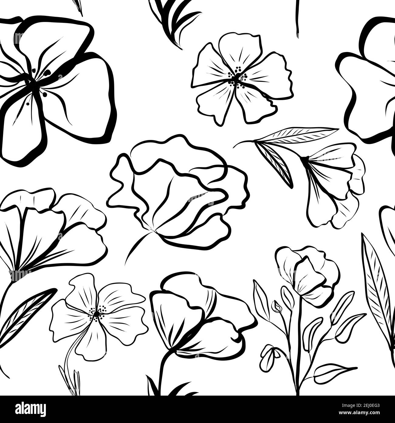 Motif sans couture de main noire et blanche dessinent des feuilles tropicales de palmier et de fleurs. Fond vectoriel de lumière botanique, papier peint jungle. Illustration de Vecteur