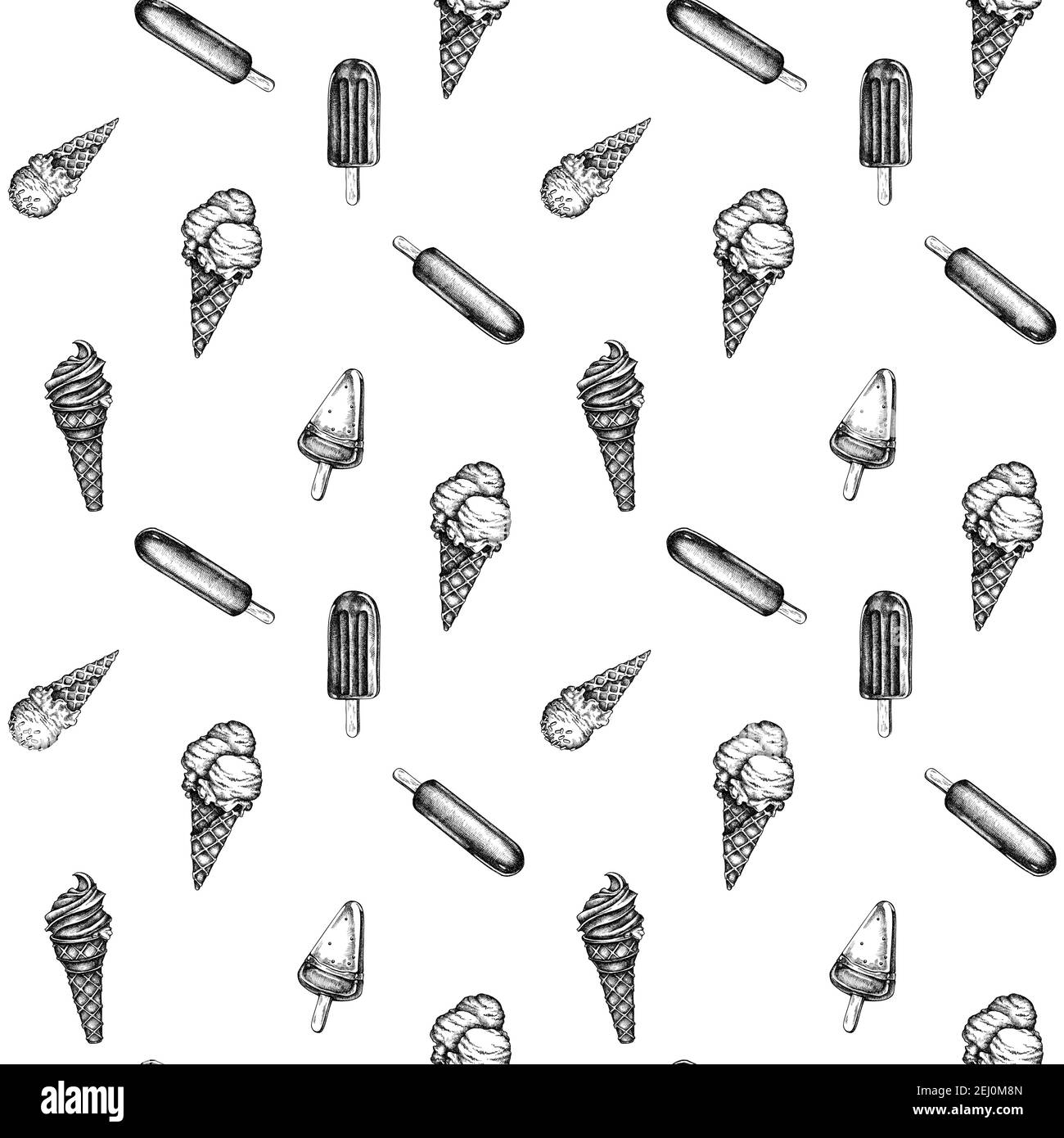Motif sans couture avec crème glacée au popsicle noir et blanc, cônes de glace Illustration de Vecteur