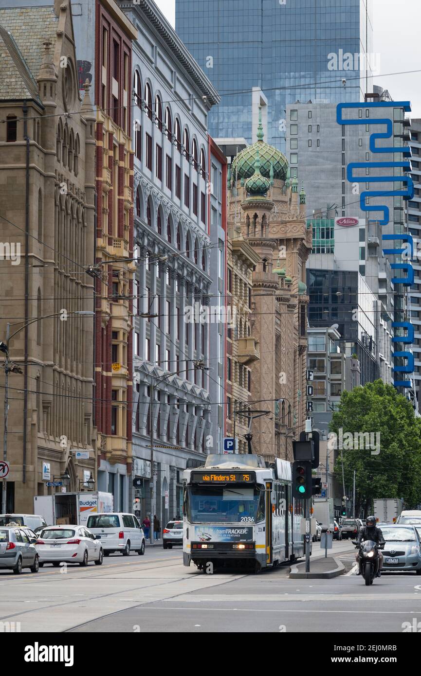 Flinders Street et Swanston Street, Melbourne, Victoria, Australie. Banque D'Images