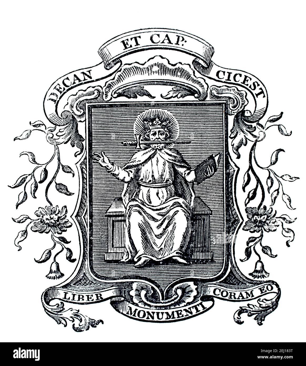 Bibliothèque de la cathédrale de Chichester, vers 1770 avec la devise latine ‘liber Monumenti coram eo’, le livre a été écrit devant lui Banque D'Images