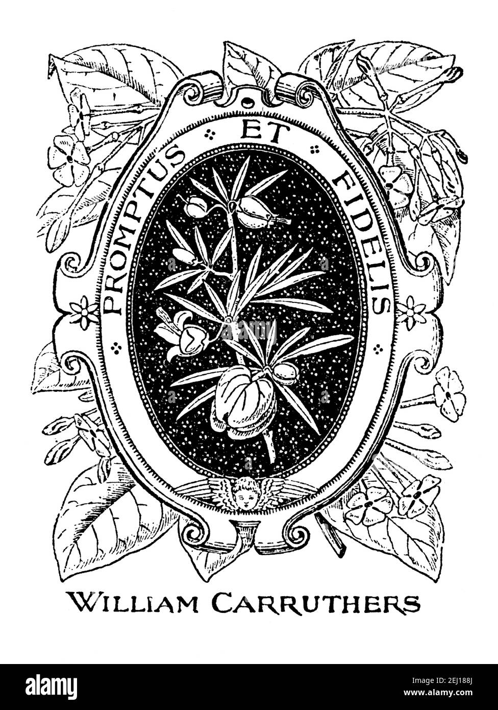 Bibliothèque du botaniste William Carruthers, (1830-1922) avec la devise latine Promptus et Fidelis, (prêt et fidèle) Banque D'Images