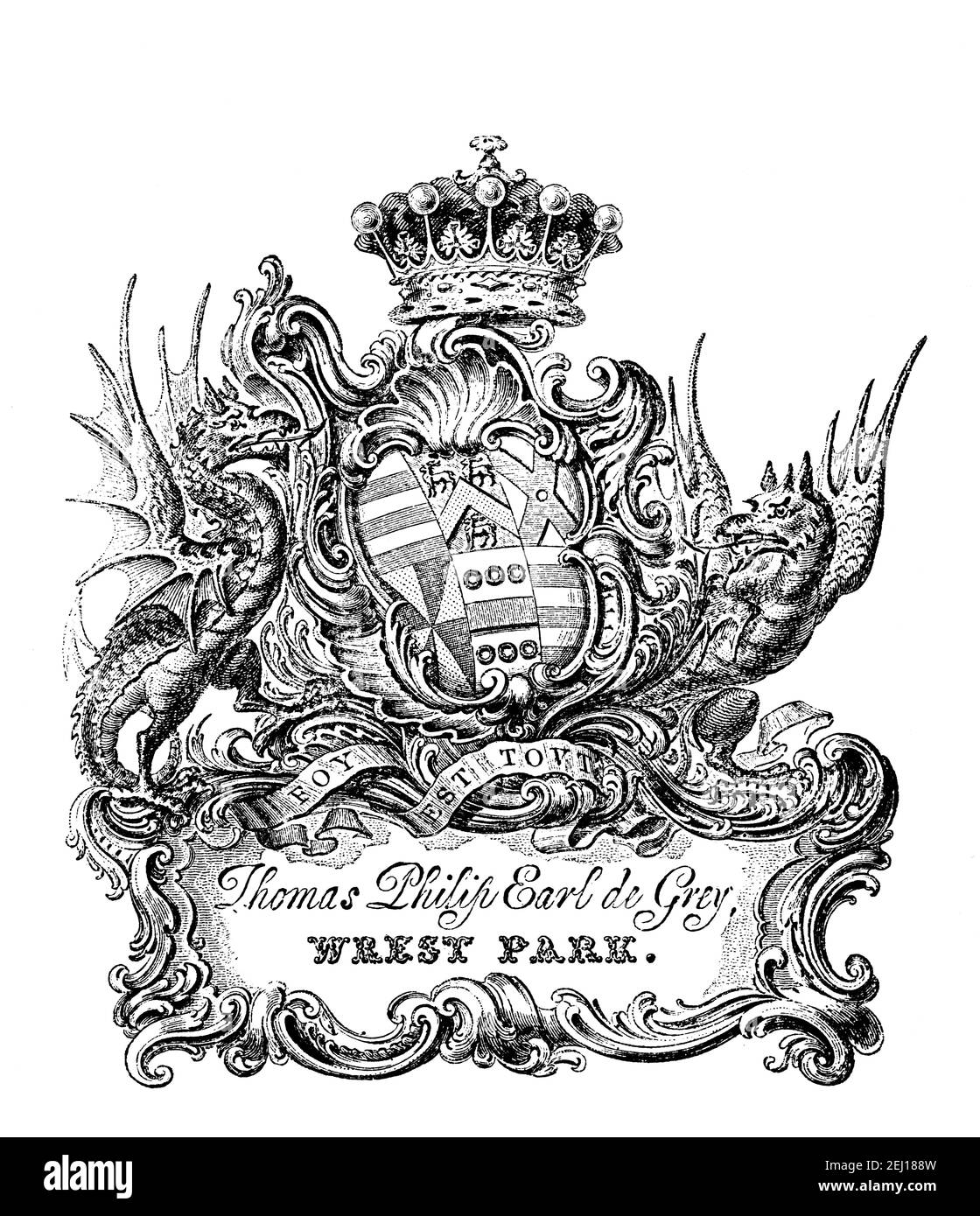 Bibliothèque des armoiries du Britannique Tory Statesman, Thomas Philip Earl de Grey (1781-1859) de Wrest Park, Bedfordshire Banque D'Images