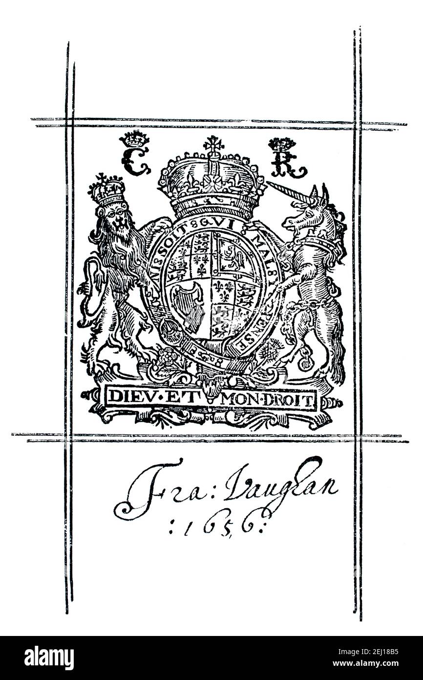 Bibliothèque du XVIIe siècle de Francis Vaughan datée de 1656 avec le Armoiries du roi britannique Charles Ier Banque D'Images