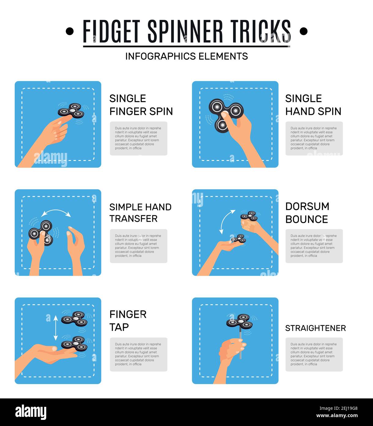 Figet spinner stress soulageant jouet astuces collection d'éléments d'infographie avec icônes plates et texte de description illustration vectorielle isolée Illustration de Vecteur