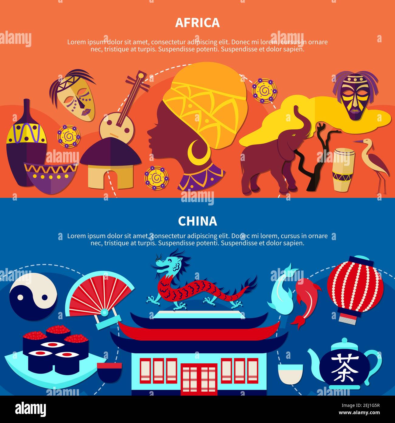 Banderoles plates voyageant en chine et en afrique avec symboles traditionnels monuments cuisine instruments de musique sur fond coloré isolé Illustration de Vecteur