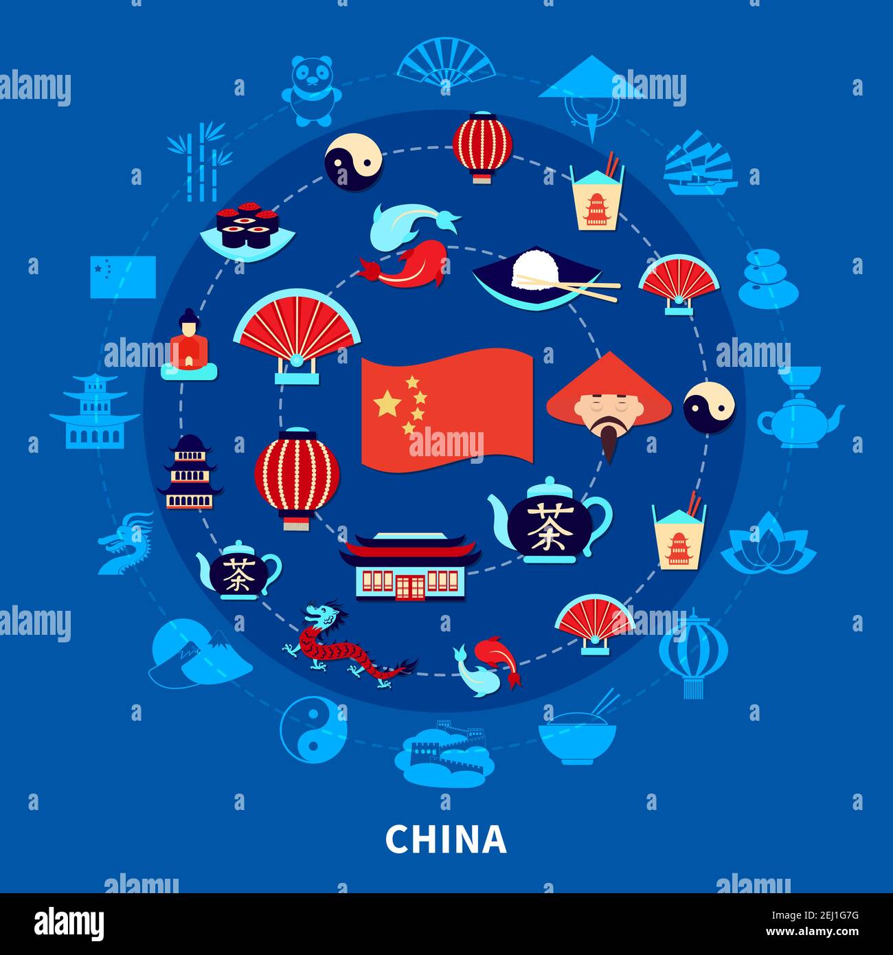 Rendez-vous en chine avec le drapeau de la cuisine traditionnelle chinoise et symboles sur l'illustration vectorielle plate d'arrière-plan bleu Illustration de Vecteur