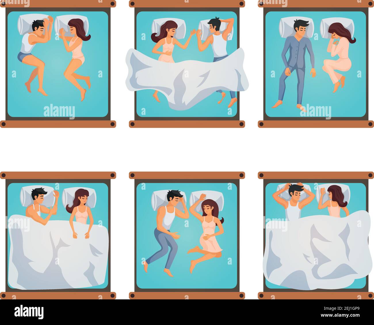 Six paires d'hommes et de femmes sur un lit double différentes dormir pose une illustration vectorielle isolée Illustration de Vecteur