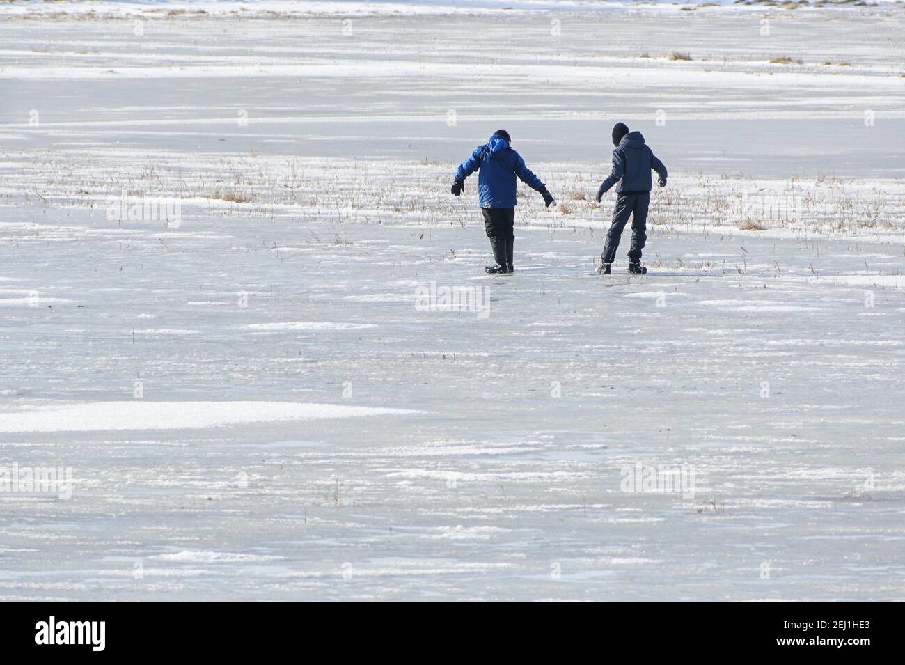 Deux garçons sur un lac gelé effrayés par une flaque fondue dans la glace faible, divertissement dangereux dans le temps de dégel, espace de copie, mise au point sélectionnée Banque D'Images