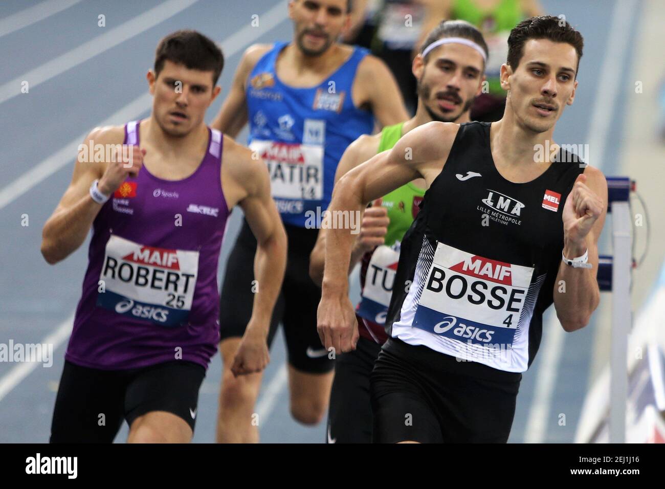 GABRIEL de nous Talence , BOSSE Pierre-Ambroise de Lille Metropole Athletisme et ROBERT Benjamin de sa Toulouse UC puis finale 800 m hommes pendant les Championnats d'athlétisme en intérieur français 2021 le 20 février 2021 au Stade Miramas Metropole à Miramas, France - photo Laurent Lairys / DPPI Banque D'Images