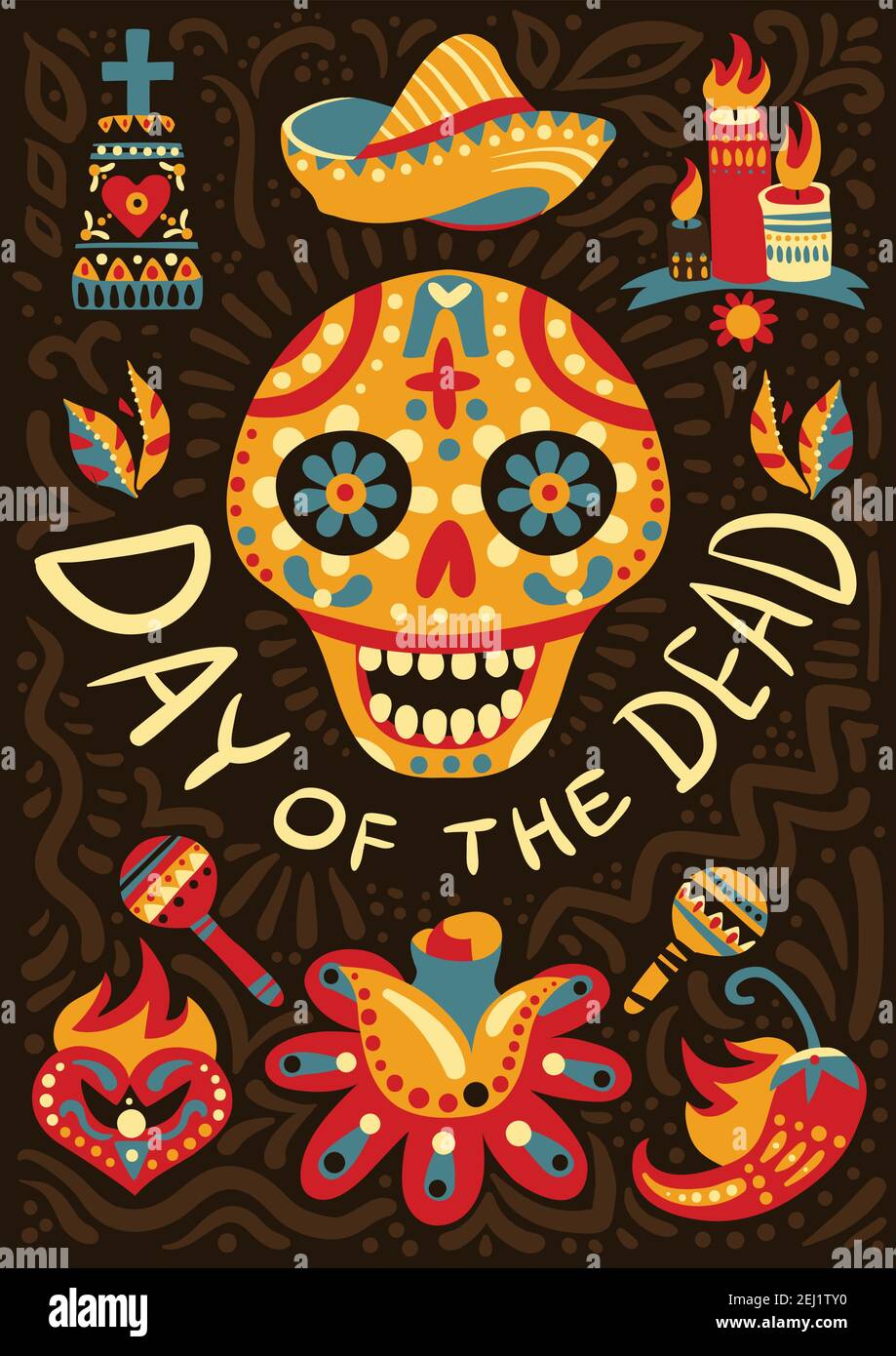 Fête mexicaine des morts de minuit festivités décoratif fond poster avec illustration vectorielle traditionnelle colorée de symbole de crâne ornemental Illustration de Vecteur