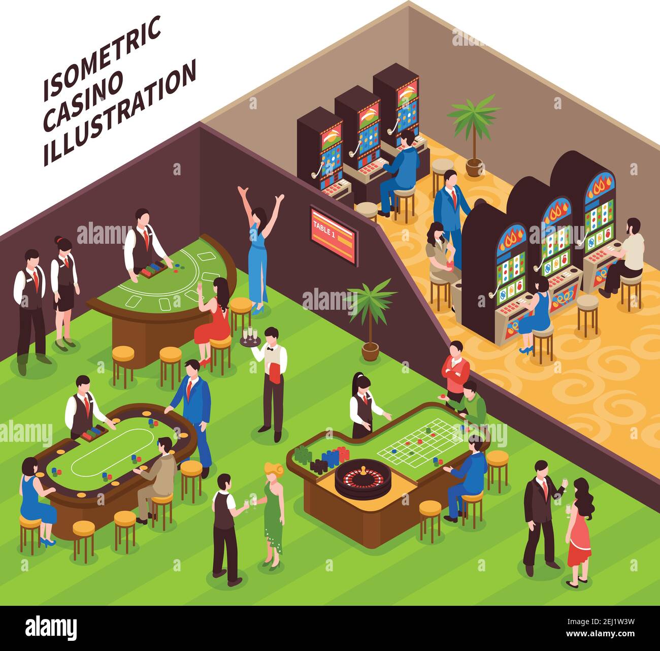 Illustration vectorielle isométrique de Casino avec équipement de salles de jeux et personnes venir jouer à des jeux de hasard Illustration de Vecteur