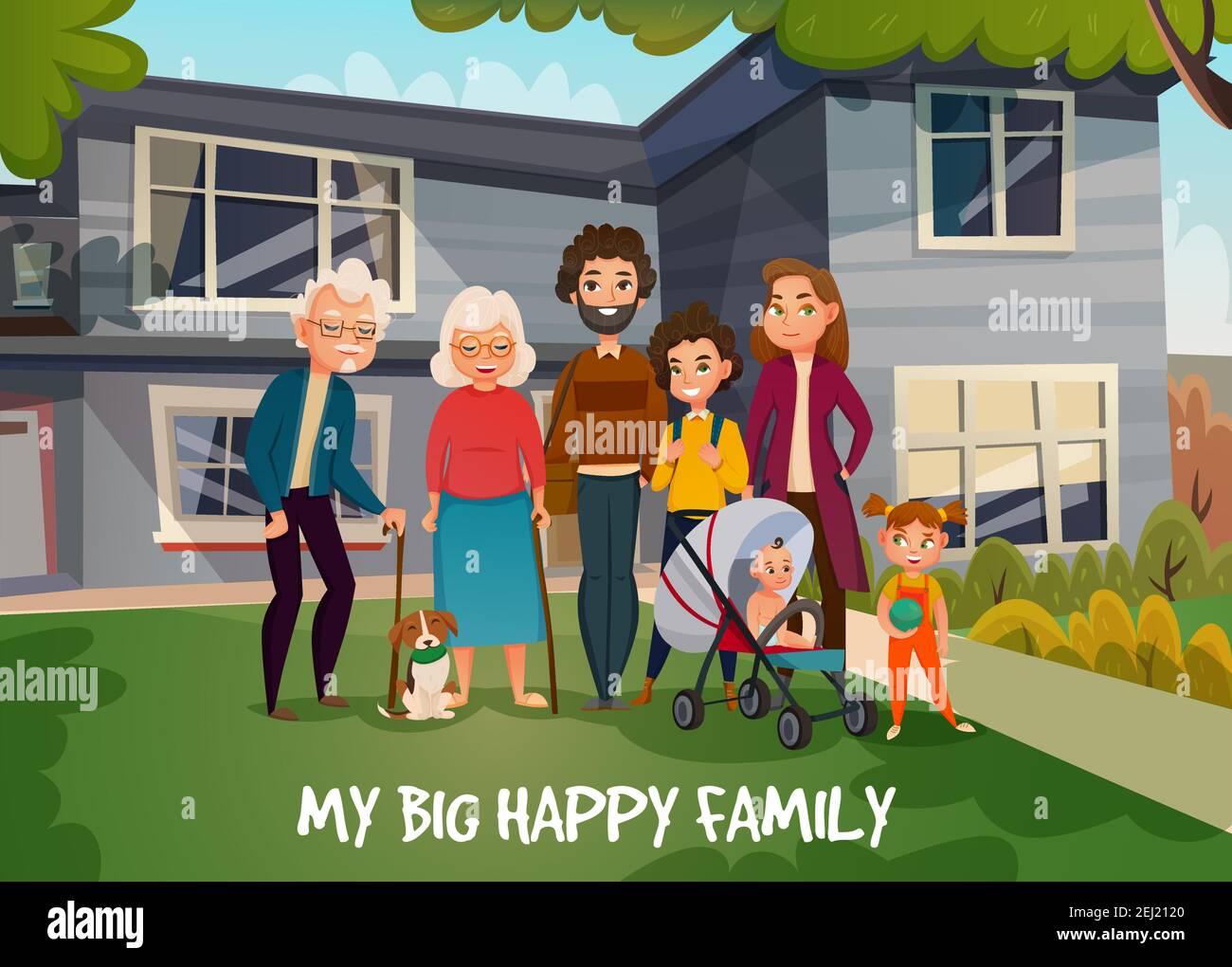 Portrait de famille heureux avec les parents, les enfants, la grand-mère, le grand-père et le chien sur le fond de la maison en illustration vectorielle d'été Illustration de Vecteur