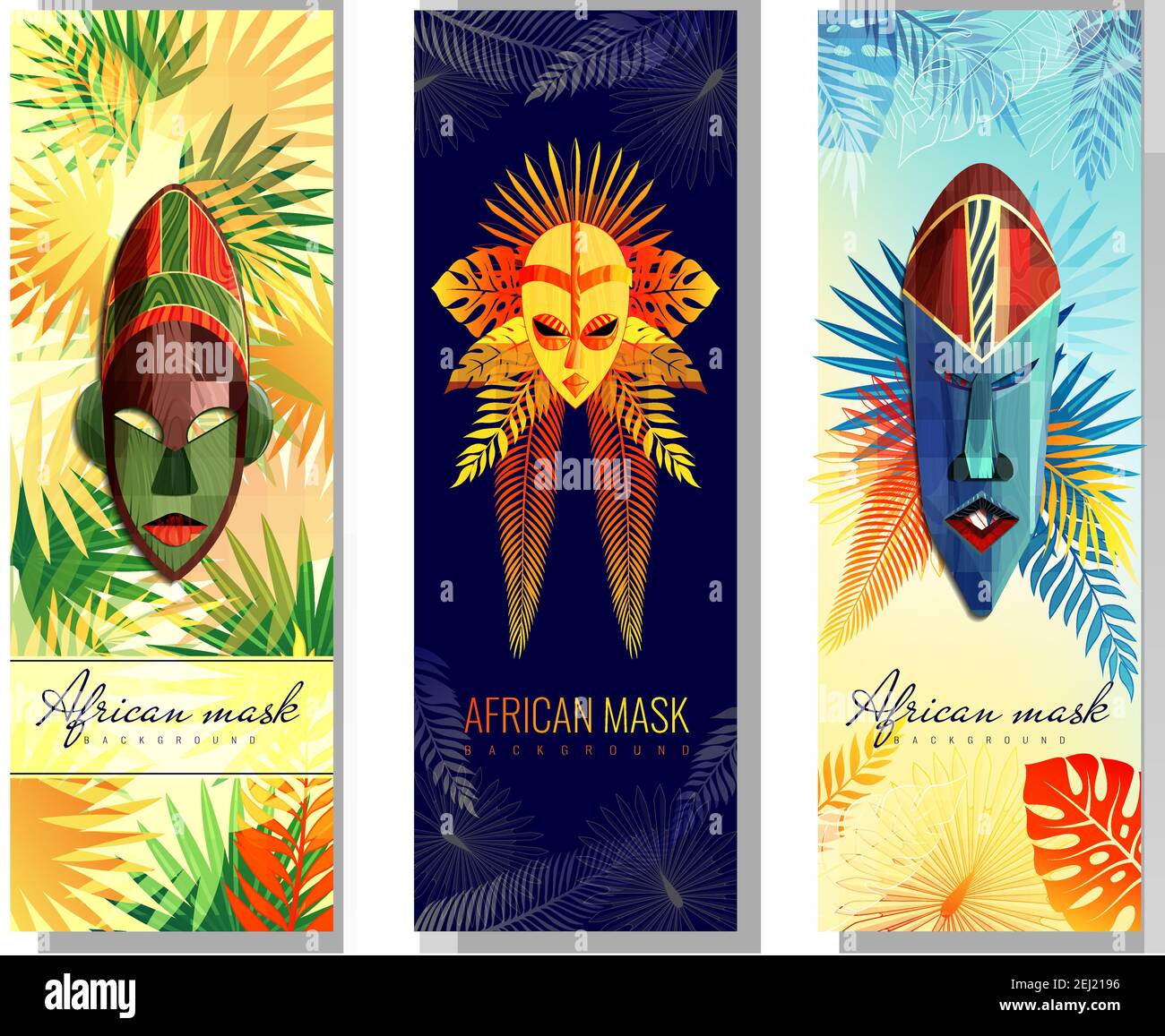 Ensemble de trois bannières verticales africaines avec masques ethniques pour danse fantôme et arbre coloré feuilles illustration vectorielle Illustration de Vecteur