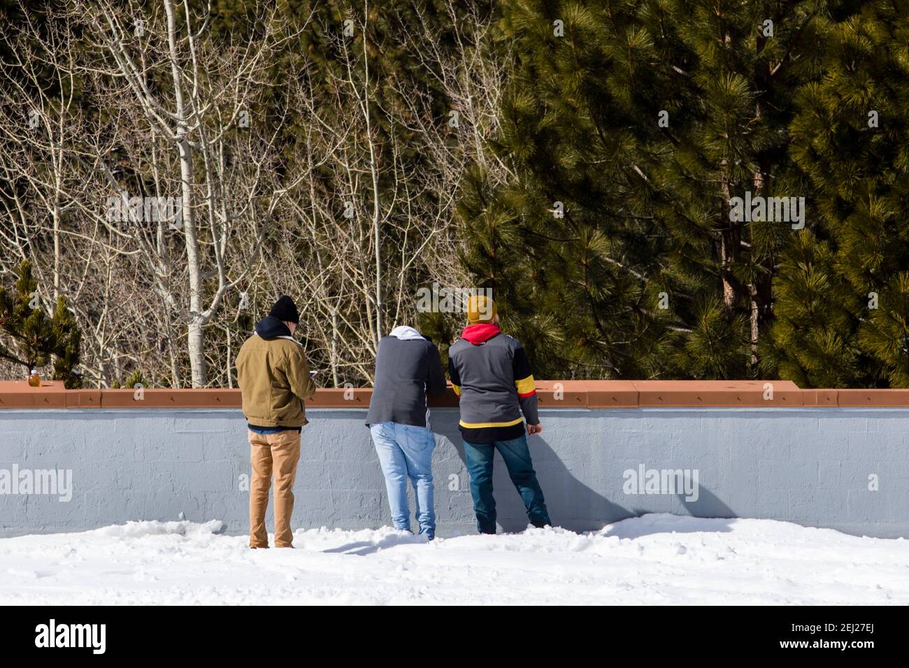 South Lake Tahoe, États-Unis. 20 février 2021. Les fans de hockey Golden Knight essaient de repérer le match de la NHL depuis un garage près de chez eux. La NHL (Ligue nationale de hockey) à Tahoe a installé une patinoire à l'extérieur pour accueillir deux jeux professionnels, mais le public ne peut pas y assister en raison de la mauvaise glace qui mène à l'endroit. Crédit : SOPA Images Limited/Alamy Live News Banque D'Images