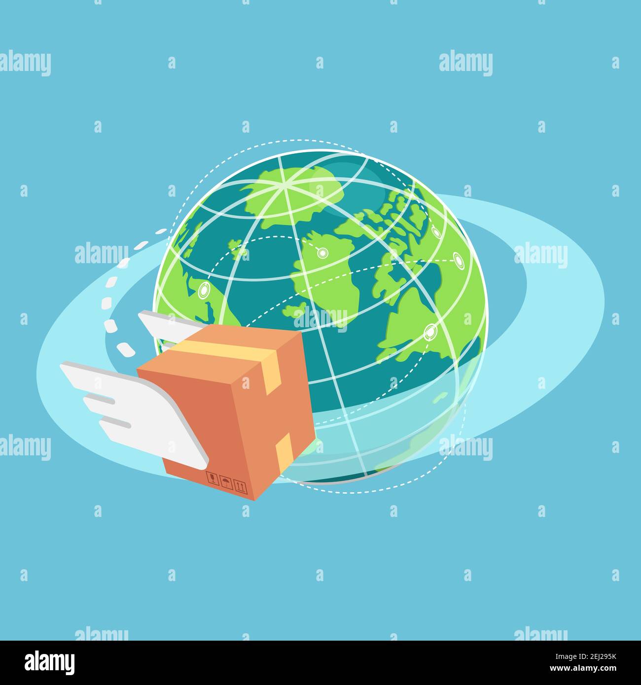 Boîte en carton Isométrique 3D plate qui fait le tour du monde. Concept global d'expédition et de logistique. Illustration de Vecteur