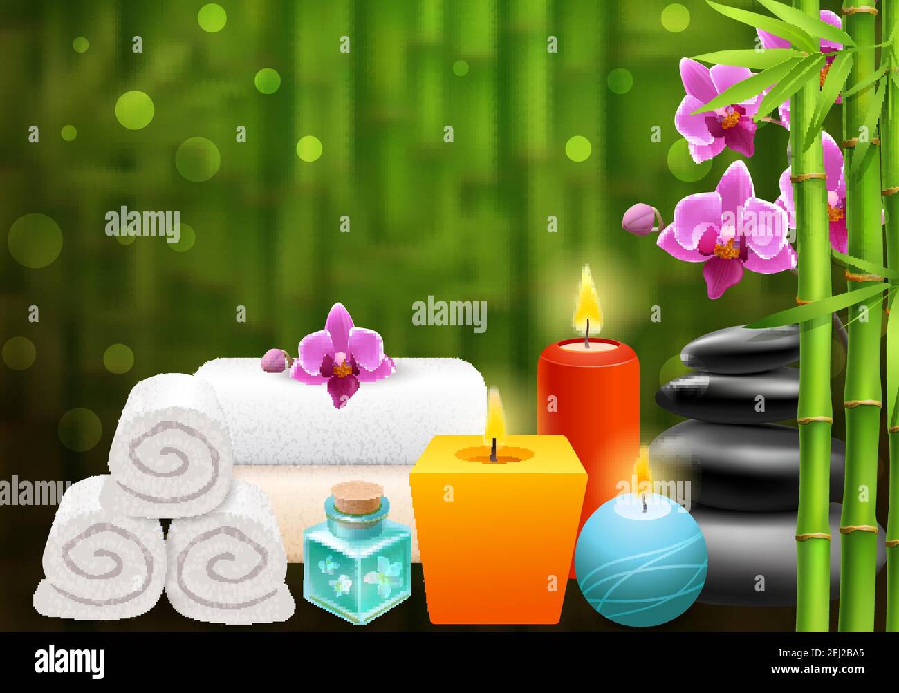 Spa arrière-plan lumineux avec des pousses de bambou coloré arôme bougies blanc serviettes pierres noires et fleurs d'orchidées pourpres illustration réaliste de vecteur Illustration de Vecteur