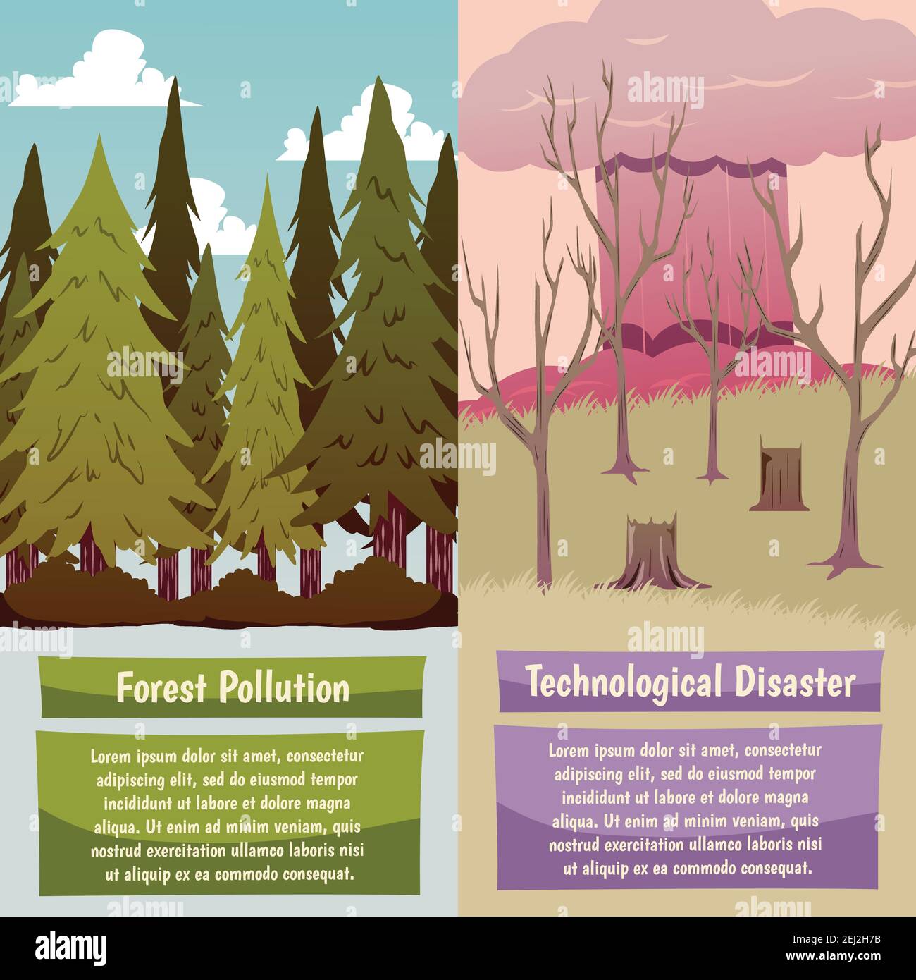 Catastrophes artificielles 2 bannières verticales orthogonales avec pollution forestière et illustration vectorielle isolée du risque technologique Illustration de Vecteur